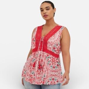 Torrid Floral Print With Crochet Lace Trim V Neck Babydoll Top